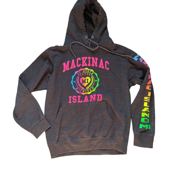 Mackinac Island Hoodie Infinity Apparel Size S Charcoal Gray With Colorful Print - Picture 1 of 9